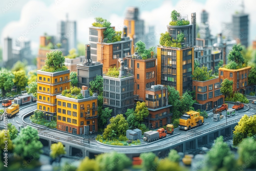 Obraz premium Eco-friendly city, green rooftops, sustainable urban landscape, future city design, environmental concept