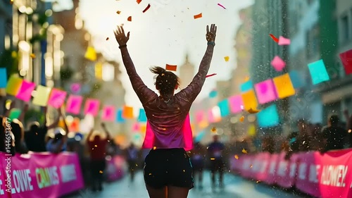 Celebratory runner crossing the finish line at a vibrant street race with colorful confetti and banners