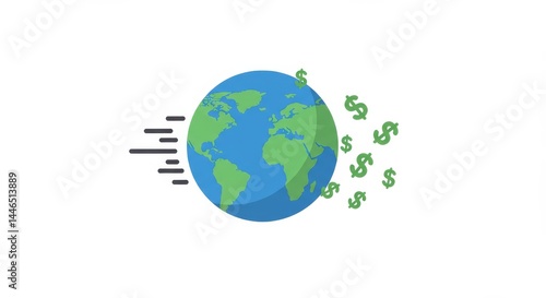 Globalization of Finance: Money Flowing Across the World Represented in a Flat Design