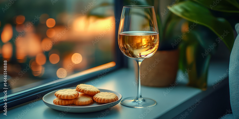 Golden hour ambiance with a glass of wine and a plate of cookies by the window Golden hour ambiance with a glass of wine and a plate of cookies by the window