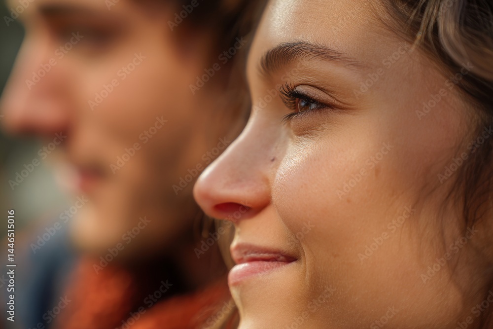 Close-up portrait of a smiling woman with a man slightly blurred in the background, creating a warm scene. Close-up portrait of a smiling woman with a man slightly blurred in the background, creating a warm scene.