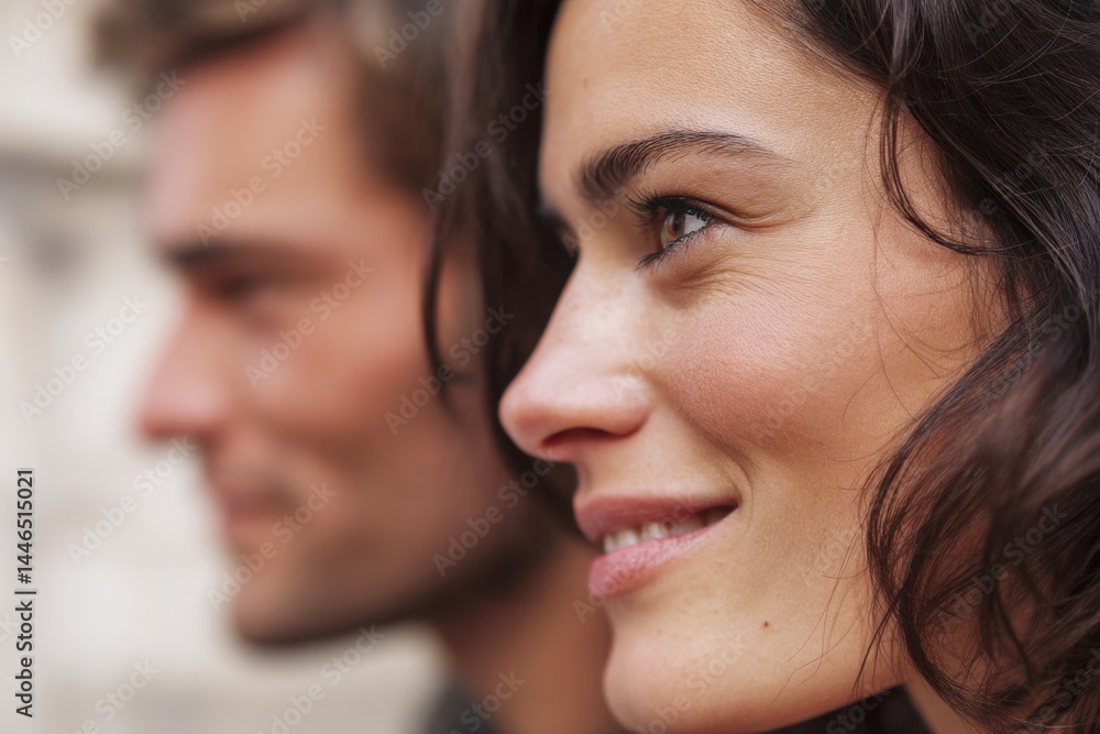 A smiling woman and a man are seen side by side, portraying a sense of togetherness and happiness. A smiling woman and a man are seen side by side, portraying a sense of togetherness and happiness.