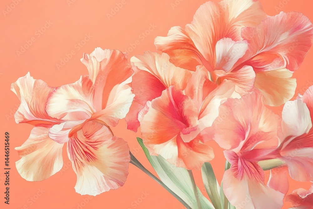 Close-up view of delicate coral-toned iris blossoms. Close-up view of delicate coral-toned iris blossoms.