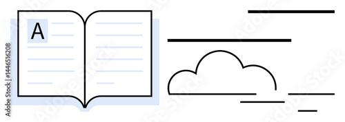 Open book with blue-highlighted textlines, floating cloud, and horizontal lines illustrating movement. Ideal for reading, education, creativity, storytelling, imagination learning design. Flat