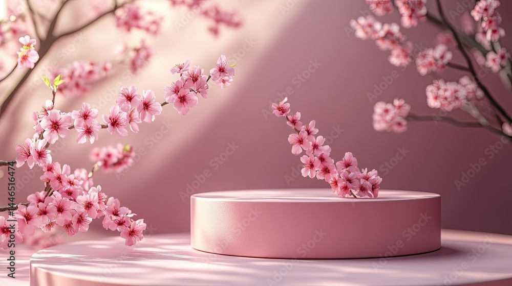 3D Pink Podium Display with Sakura Flowers for Beauty Product Promotion, Spring Mockup 3D Pink Podium Display with Sakura Flowers for Beauty Product Promotion, Spring Mockup