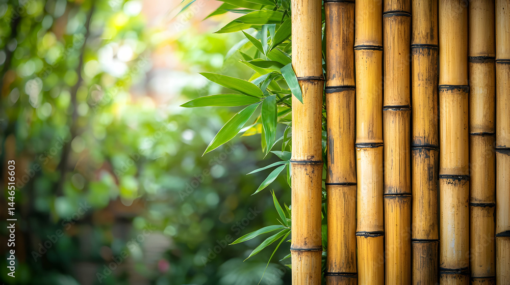Obraz premium Close-Up of Bamboo Fence with Green Leaves in Soft Natural Light