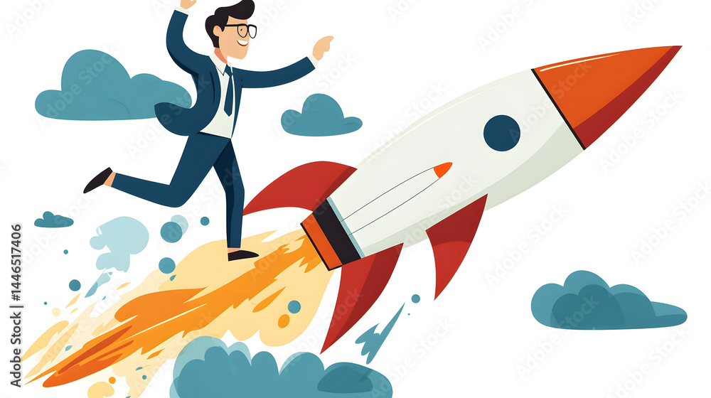 © Touch - Professional Businessman on Rocket Soaring in the Sky - Business Success Concept © Touch - Professional Businessman on Rocket Soaring in the Sky - Business Success Concept