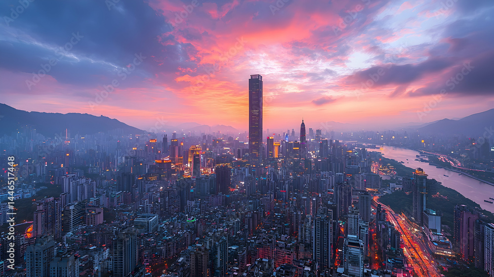 Fototapeta premium Spectacular Cityscape at Dusk with Vibrant Skies and Urban Lights