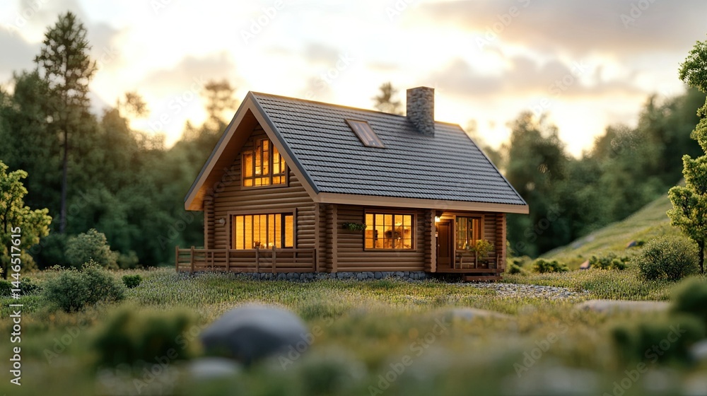 3D-rendered home model with a cozy log cabin interior background for architectural inspiration. 3D-rendered home model with a cozy log cabin interior background for architectural inspiration.