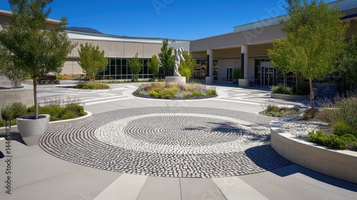 Entry plaza with paver pattern design, public art, and structured landscaping