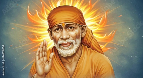 Serene depiction of Indian spiritual leader Sai Baba with radiating aura