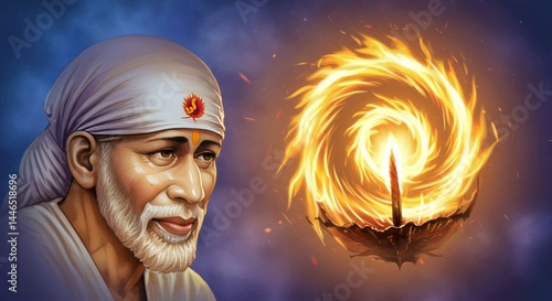 Serene portrait of sai baba illuminated by the mystical glow of a diya