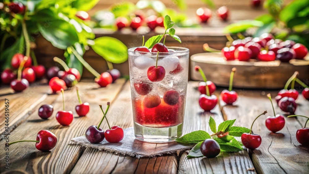 Refreshing Cherry Ice Drink on Rustic Wooden Table with Scattered Cherries and Lush Greenery Refreshing Cherry Ice Drink on Rustic Wooden Table with Scattered Cherries and Lush Greenery