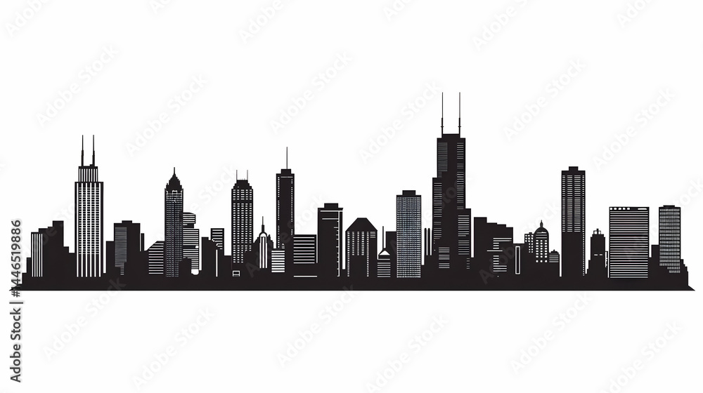 Fototapeta premium Black and White Skyline Silhouette Featuring Iconic City Buildings