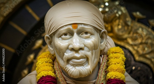 Serene depiction of Sai Baba's sculpture adorned with marigold garland