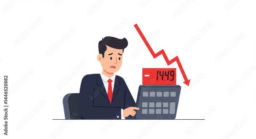 Worried businessman witnessing declining financial trend on the calculator screen Worried businessman witnessing declining financial trend on the calculator screen
