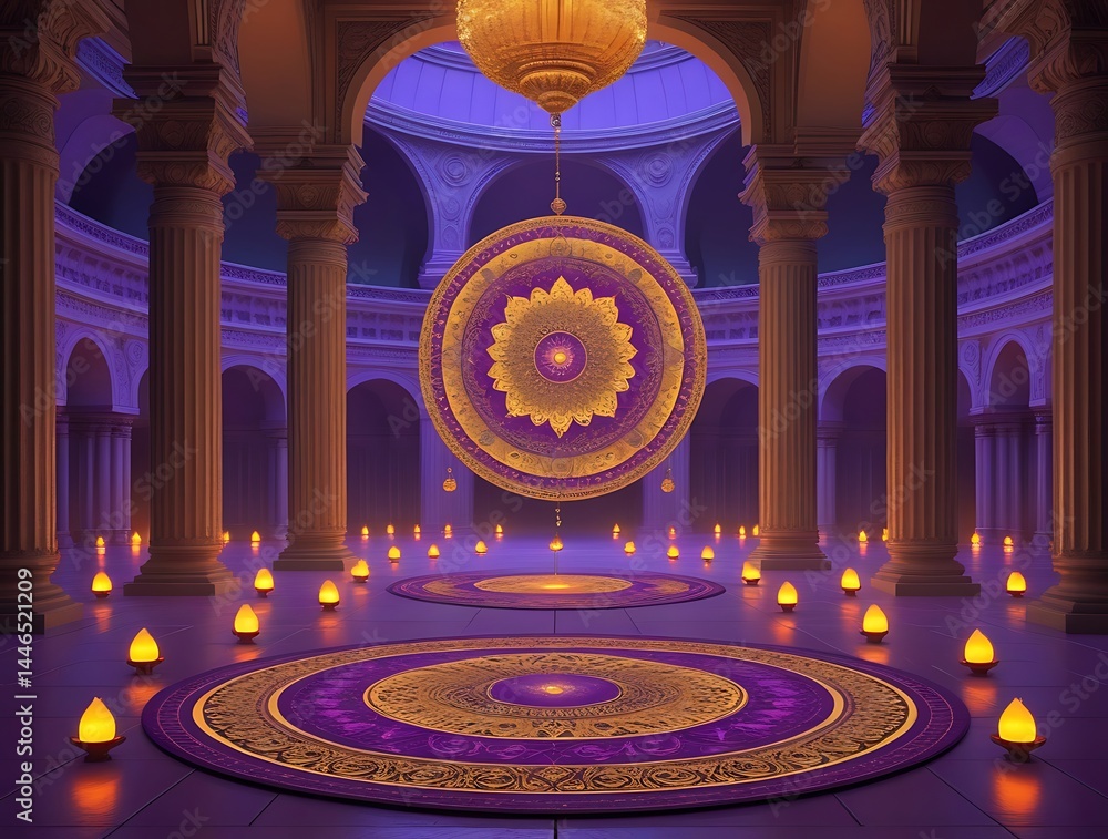 Obraz premium Glowing mandala pattern illuminated by candlelight in a mystical temple interior with arches and soft purple lighting, evoking spirituality, peace and sacred atmosphere