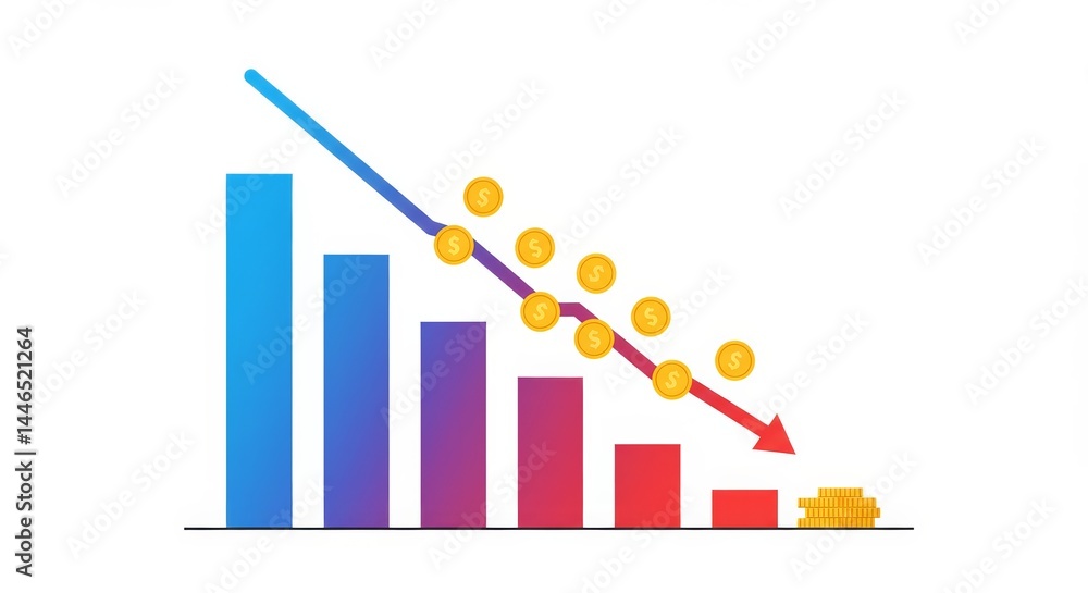 Dramatic financial downturn shown in colorful bar graph with coin illustration Dramatic financial downturn shown in colorful bar graph with coin illustration