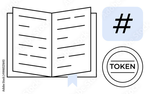 Open book with visible text lines, bookmark, bold metadata tag symbol, and circular token illustration. Ideal for education, literature, writing, coding, cryptocurrency social media simple landing