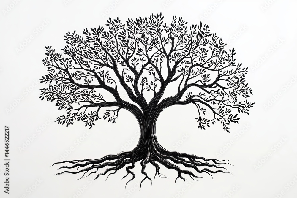 Fototapeta premium Majestic Black Ink Tree Illustration Detailed Roots Branches Nature Drawing Botanical Art Graphic Design Element Vintage Style Elegant Silhouette Powerful Symbolism Artistic 
