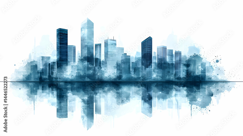 Obraz premium Watercolor Cityscape Reflection on Serene Water Surface