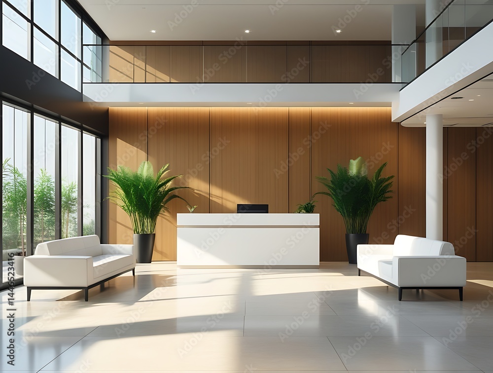 Fototapeta premium Modern office lobby interior with white sofas, minimalist reception desk, tall windows, natural light and wooden wall panels creating a sleek and professional space