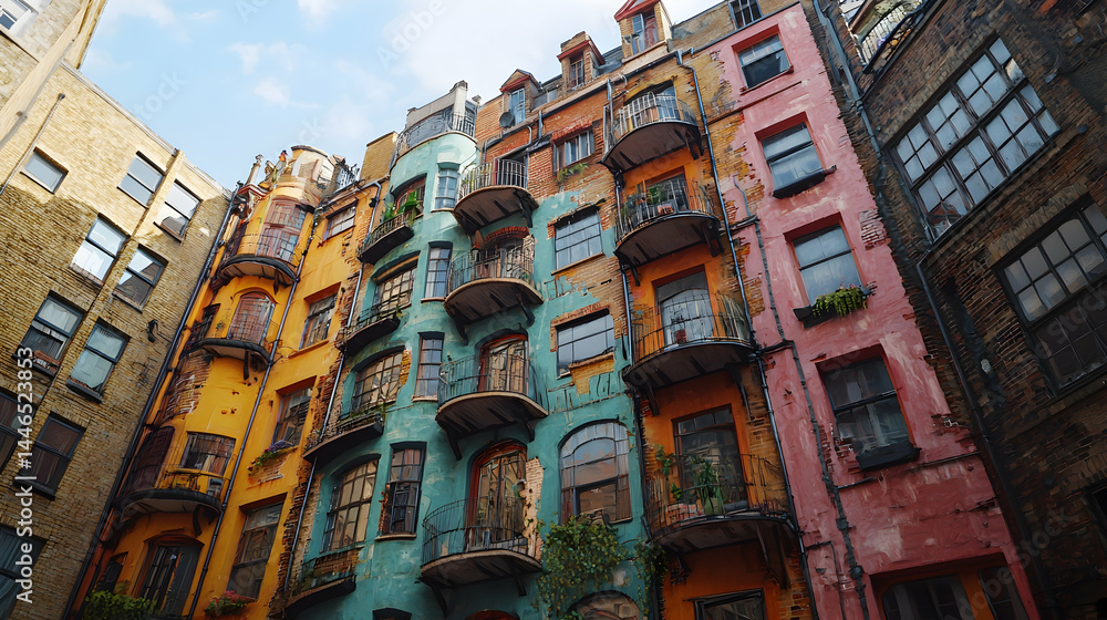 Obraz premium Colorful Urban Buildings with Decorative Balconies in Cityscape