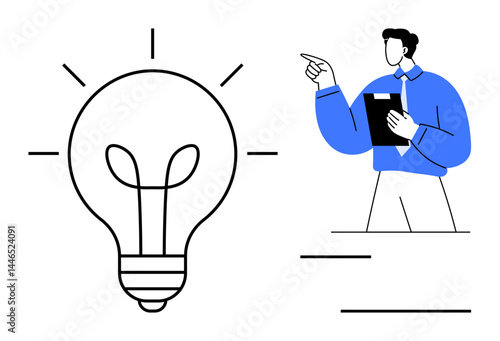 Large light bulb with rays symbolizes creativity as a man points while holding a clipboard. Ideal for innovation, education, leadership, planning, brainstorming, strategy, motivation. Flat simple