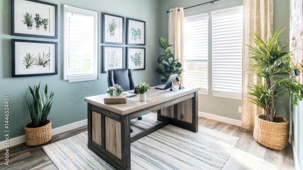 Professional-style home office with conference-style desk, neutral tones, and framed artwork Professional-style home office with conference-style desk, neutral tones, and framed artwork