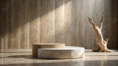 Wallpaper Mural Minimalist Interior Display Featuring a Two-Tiered Pedestal and Driftwood Accent Torontodigital.ca