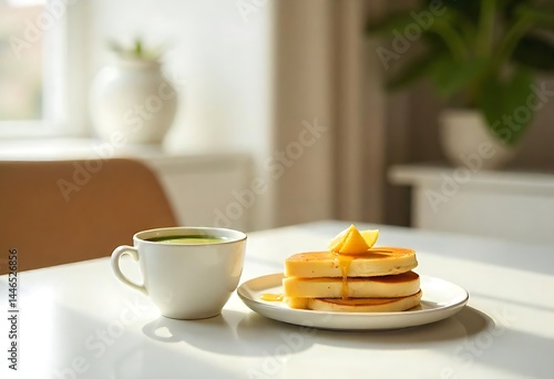 Generative AI Morning treat featuring pancakes and a cup of matcha photo