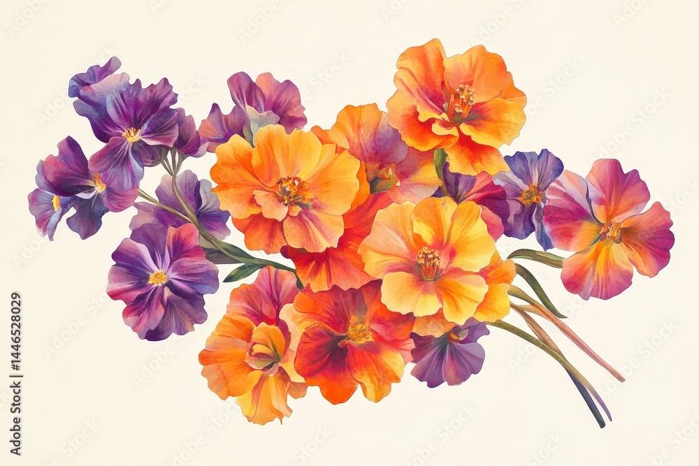 Vibrant bouquet of orange and purple flowers in a detailed floral arrangement. Vibrant bouquet of orange and purple flowers in a detailed floral arrangement.