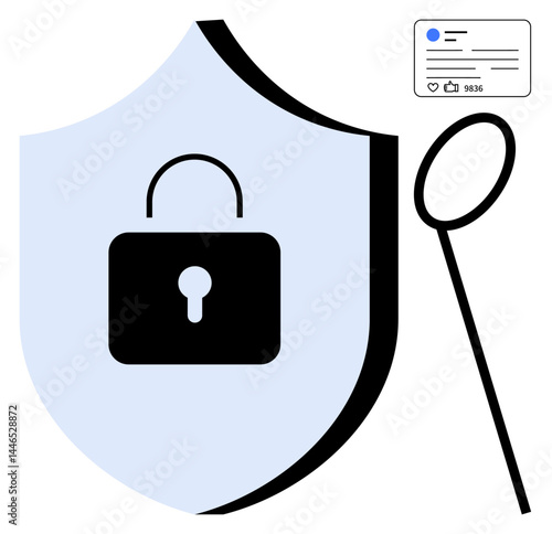Shield with a central padlock, magnifying glass, and social media interface. Ideal for privacy, data security, safe browsing, app protection, online trust, compliance simple landing page