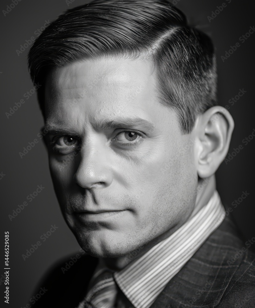 Black and white portrait of a man in a suit and tie with a serious expression Black and white portrait of a man in a suit and tie with a serious expression