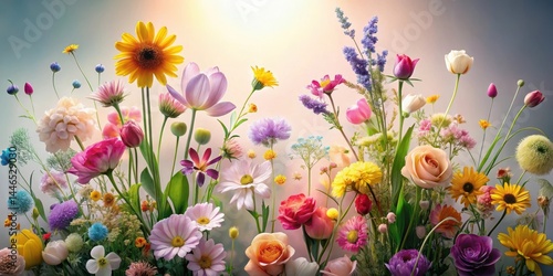 Vibrant Bouquet of Spring Flowers in Full Bloom, a Colorful Garden Display Featuring a Diverse Array of Blossoms and Delicate Greenery