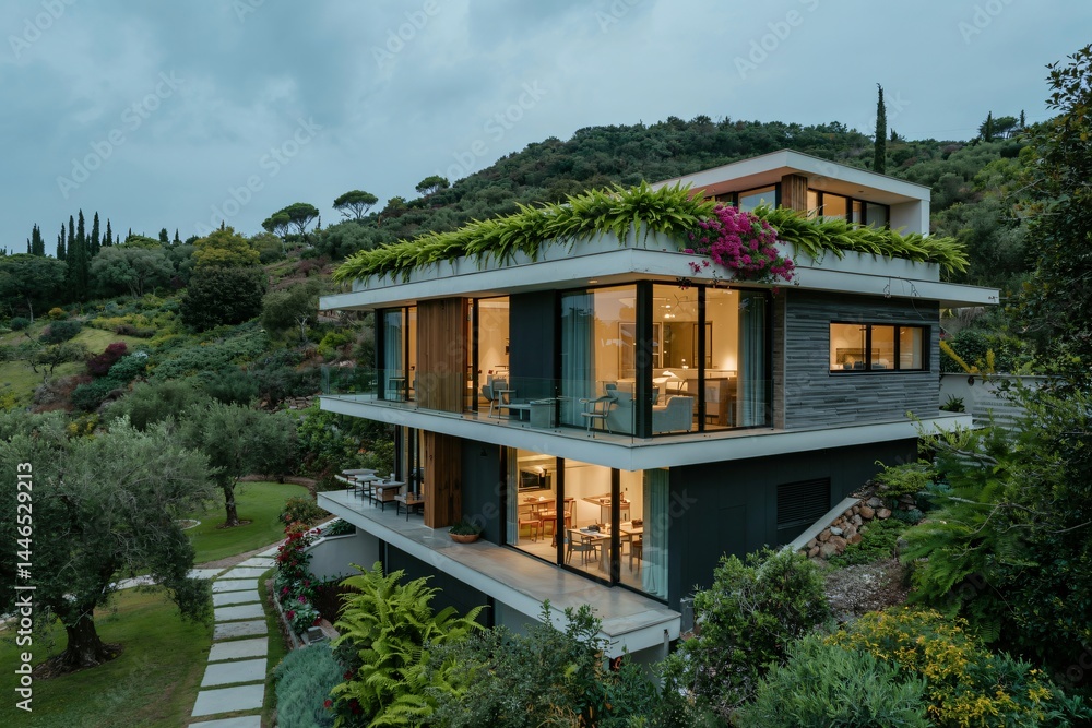 stunning multi-level modern villa nestled into a lush green hillside, likely photographed during twilight or dusk. stunning multi-level modern villa nestled into a lush green hillside, likely photographed during twilight or dusk.