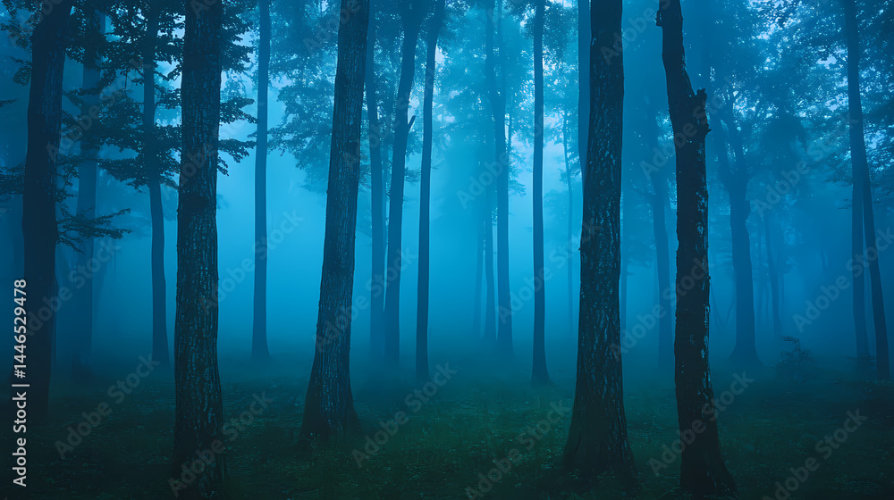 Fototapeta premium Deep blue-green fog, towering ancient trees in mystical wood , blue, twilight. [Mechanical Forests] | Twilight Woods | dusky forests. Illustration
