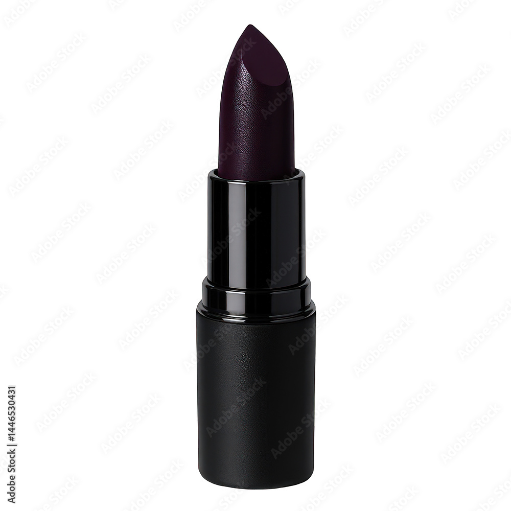 A rich, velvety deep violet lipstick bullet emerges from its sophisticated black cosmetic container. A rich, velvety deep violet lipstick bullet emerges from its sophisticated black cosmetic container.