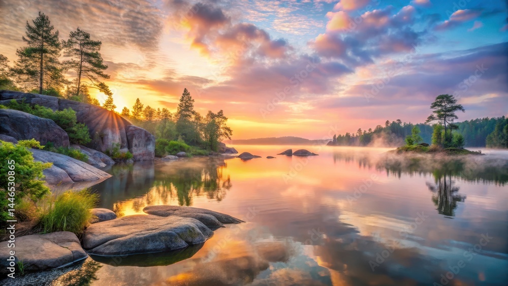 Serene Sunrise Over Still Waters, Reflecting Colorful Clouds and Misty Isles, Rocks and Trees Serene Sunrise Over Still Waters, Reflecting Colorful Clouds and Misty Isles, Rocks and Trees