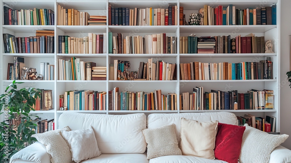 White Bookcase with Books and Sofa