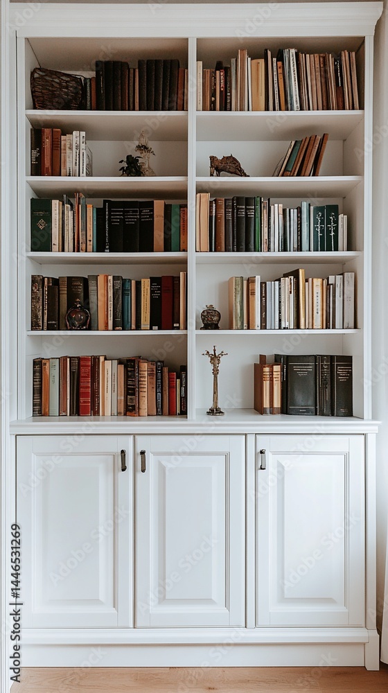 White Built-in Bookcase with Books and Decorative Items
