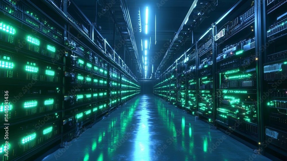 Interior view of a large data center, illuminated with vibrant green and blue lights. Interior view of a large data center, illuminated with vibrant green and blue lights.
