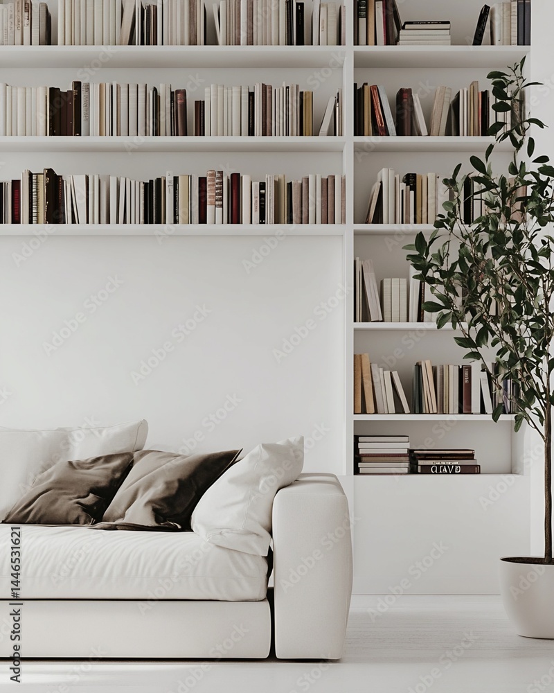 White Sectional Sofa and Bookcase in Minimalist Living Room