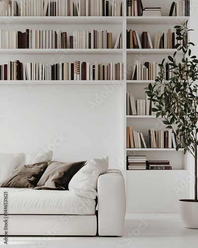 Obraz na płótnie White Sectional Sofa and Bookcase in Minimalist Living Room w salonie