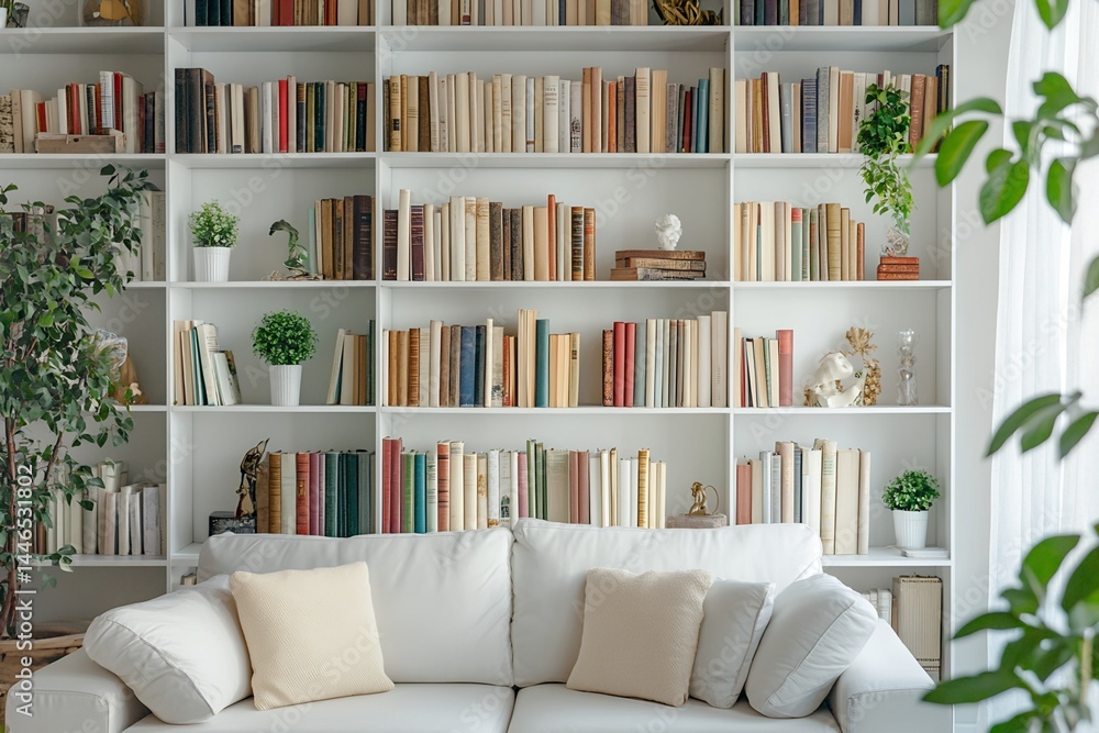 White Sofa and Bookcase with Books and Plants