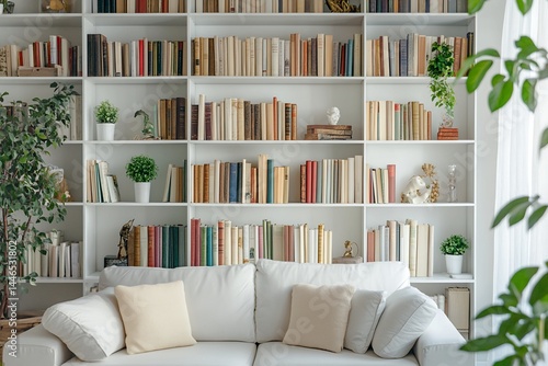 Obraz na płótnie White Sofa and Bookcase with Books and Plants w salonie