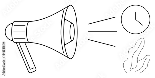 Megaphone projecting sound waves towards clock symbolizing urgency, communication, and time management. Ideal for marketing, announcements, leadership, deadlines, productivity, events simple landing