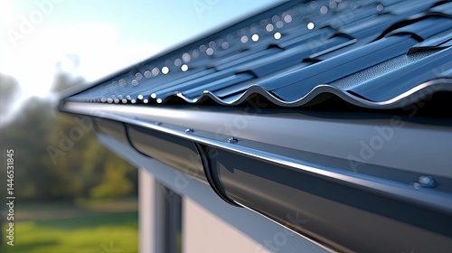 Detailed close-up of a modern house's metal roofing and gutters.