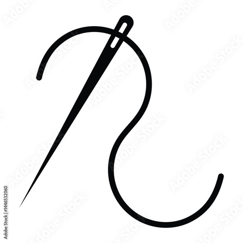 Needle with thread vector icon. Sewing tool symbol for tailoring, embroidery, and textile craft design. Black silhouette isolated on white background.