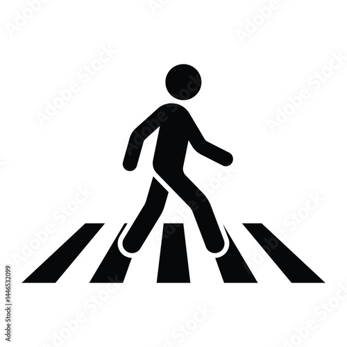 Pedestrian crossing vector icon. Walking person on zebra crosswalk symbol for traffic, road safety, and urban navigation design. Black silhouette isolated on white background.